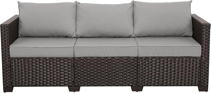 WAROOM Patio Couch PE Rattan 3-Seat Outdoor Sofa Brown Wicker Furniture Set Deep Seating with Anti-Slip Grey Cushion