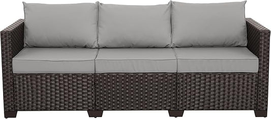 WAROOM Patio Couch PE Rattan 3-Seat Outdoor Sofa Brown Wicker Furniture Set Deep Seating with Anti-Slip Grey Cushion