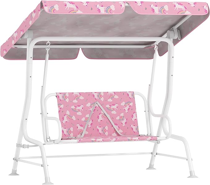 Qaba Kids Patio Swing, 2-Seater Outdoor Porch Swing Chair with Adjustable Canopy, Safety Belt, Unicorn & Rainbow Pattern Hanging Swing Bench for Garden, Backyard, Pink