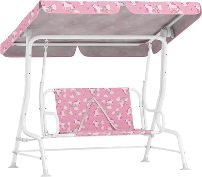 Qaba Kids Patio Swing, 2-Seater Outdoor Porch Swing Chair with Adjustable Canopy, Safety Belt, Unicorn & Rainbow Pattern Hanging Swing Bench for Garden, Backyard, Pink