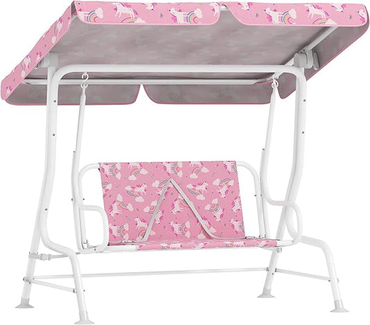Qaba Kids Patio Swing, 2-Seater Outdoor Porch Swing Chair with Adjustable Canopy, Safety Belt, Unicorn & Rainbow Pattern Hanging Swing Bench for Garden, Backyard, Pink