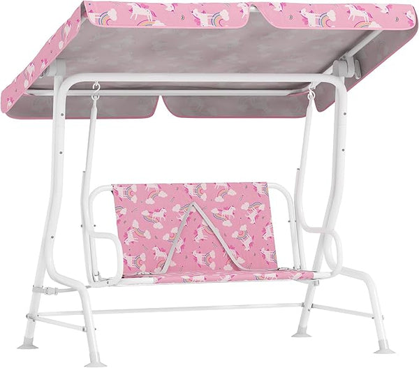 Qaba Kids Patio Swing, 2-Seater Outdoor Porch Swing Chair with Adjustable Canopy, Safety Belt, Unicorn & Rainbow Pattern Hanging Swing Bench for Garden, Backyard, Pink