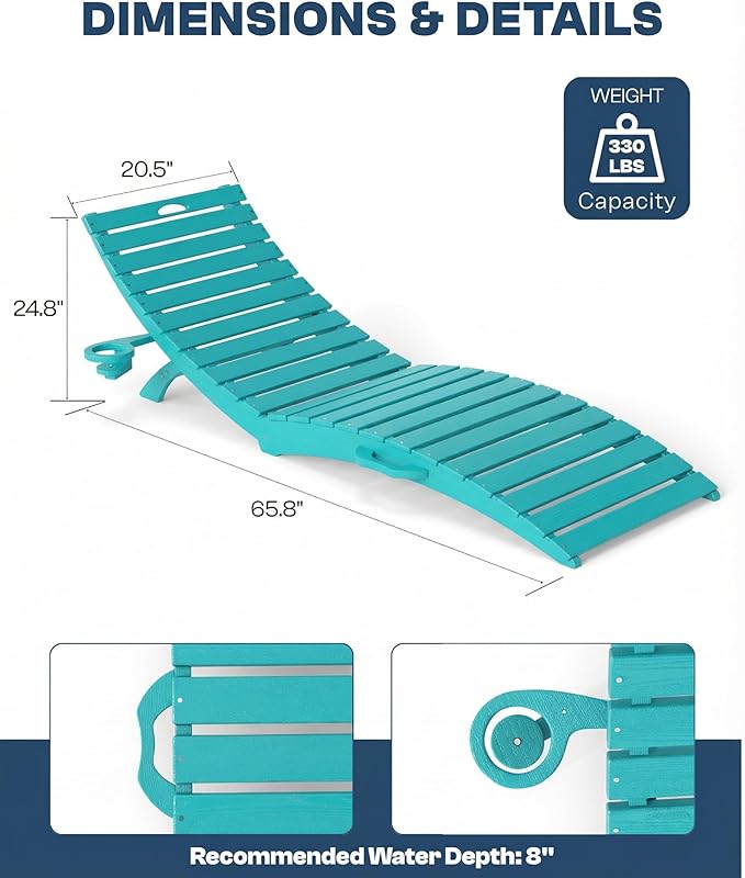 in-Pool Lounge Chairs Set of 2, Folding HDPE Pool Chairs Anti-Floating No Sandbags with Cup Holder & Handles - Photo 2