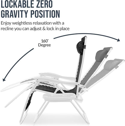 Best Choice Products Set of 2 Extra Wide Adjustable Steel Mesh Zero Gravity Lounge Chair Recliners w/Pillows and Cup Holder Trays - Black/White
