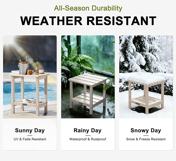Outdoor Side Table HDPE Small Outdoor End Table Patio Side Tables Square for Backyard Pool Porch Balcony Double Layer Storage, Sand (Wood Grain Finish)