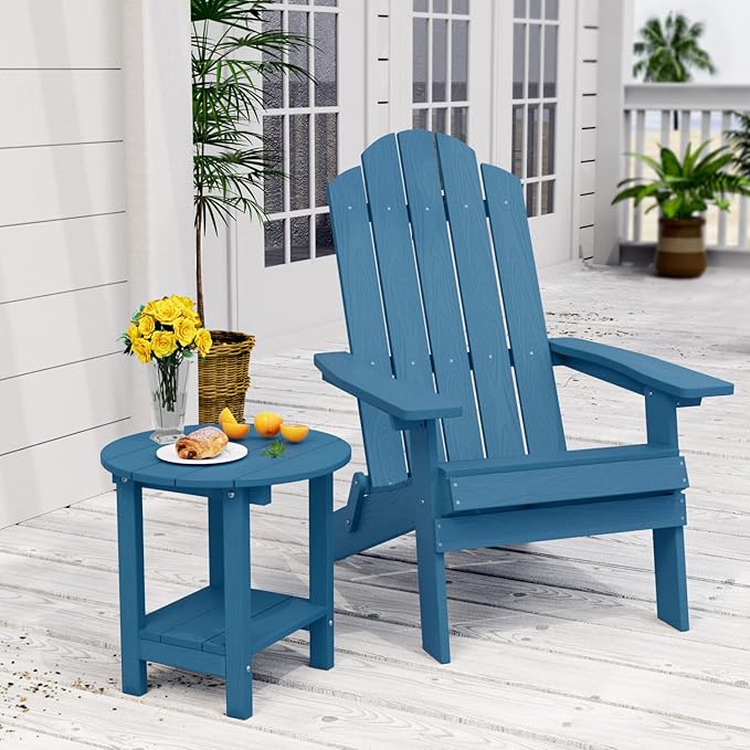 MXIMU Round Outdoor Side Table Adirondack Tables 18 Inch Chairside End Tables with Storage Shelf, 2-Tier Plastic Patio Side Table for Balcony Backyard Lawn (Navy, 1 Pack)
