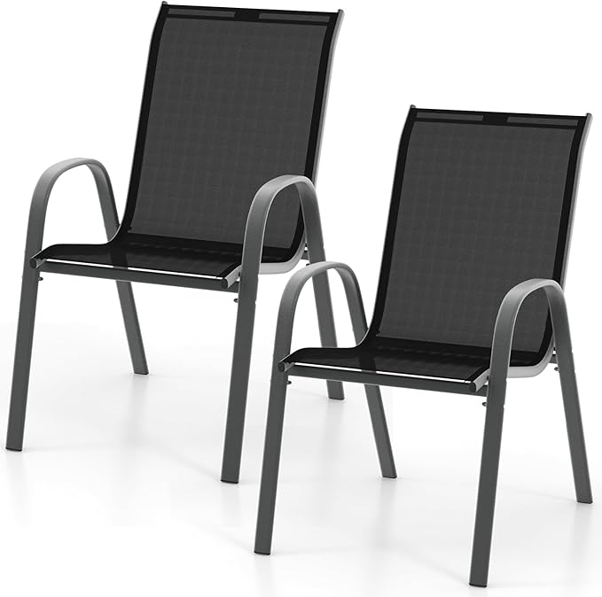 COSTWAY Patio Dining Chairs Set of 2, Stackable Outdoor Chairs with Armrest and High Back, Breathable Fabric & Metal Frame Chair for Garden Poolside Backyard Deck (Black)