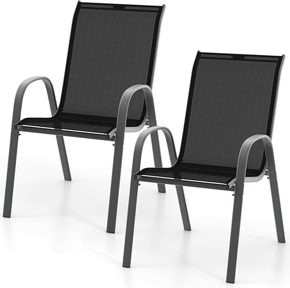 COSTWAY Patio Dining Chairs Set of 2, Stackable Outdoor Chairs with Armrest and High Back, Breathable Fabric & Metal Frame Chair for Garden Poolside Backyard Deck (Black)