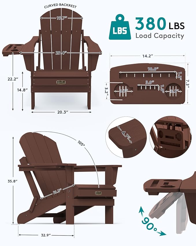 SERWALL Folding Adirondack Chair Set of 2, HIPS Adirondack Chairs with 4 in 1 Cup Holder - Photo 2