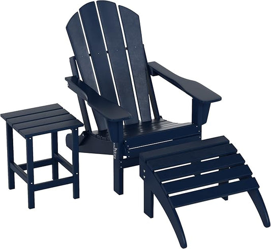 WO Home Furniture 3pc Set - HDPE Poly Adirondack Chair with Ottoman/Footrest and Square Side Table, All Weather and UV Resistant for Outdoor Patio Backyard, Garden, Navy Blue