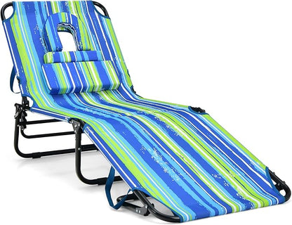 COSTWAY Tanning Chair with Face Hole, Pillows & 5-Position Adjustable Backrest, Portable with Carrying Bag, Folding Beach Chaise Lounge for Sunbathing, Seaside (Blue & Green)