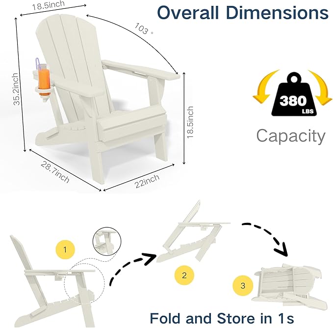 Foldable Adirondack Chair with Cup Holder-Heavy Duty Recycled HDPE Outdoor Patio Furniture, Weather Resistant Deck Lawn Fire Pit Chair (White, 4 Chair)