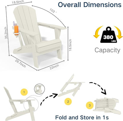 Foldable Adirondack Chair with Cup Holder-Heavy Duty Recycled HDPE Outdoor Patio Furniture, Weather Resistant Deck Lawn Fire Pit Chair (White, 2 Chair)