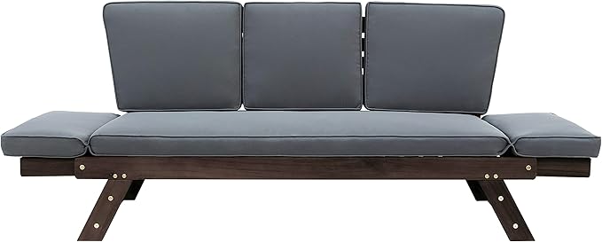Merax Patio Sofa, Outdoor Adjustable Wooden Daybed, Chaise Lounge with Cushions, Brown+Gray