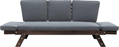 Merax Patio Sofa, Outdoor Adjustable Wooden Daybed, Chaise Lounge with Cushions, Brown+Gray