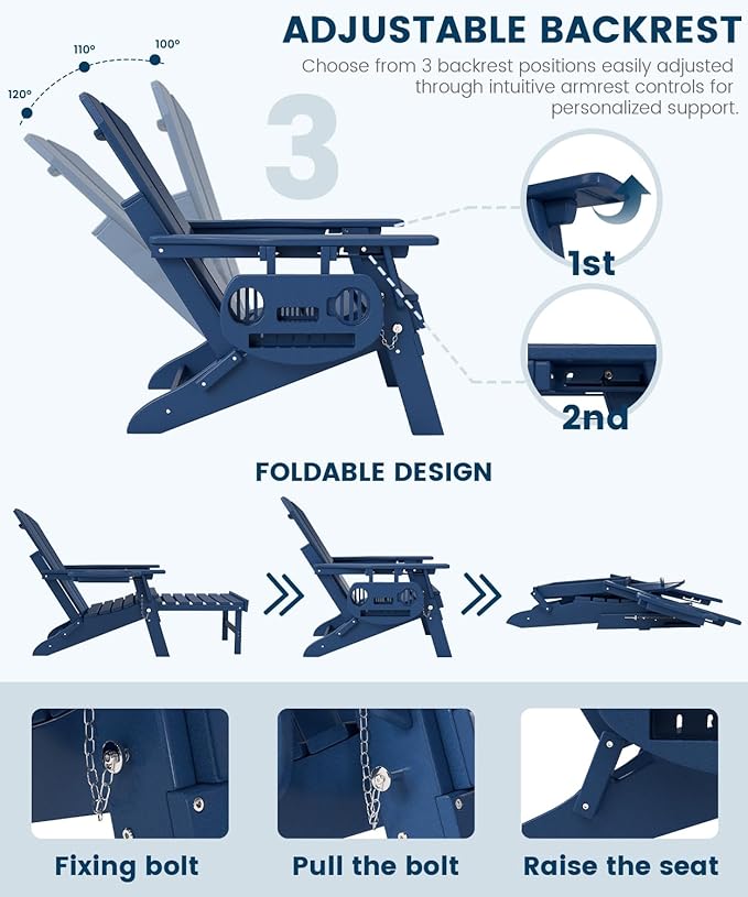 FOOWIN Folding Adjustable Adirondack Chair with Retractable Ottoman Set of 2, HDPE Adirondack Chair w/4 in 1 Cup Holder Trays,All-Weather Resistant Fire Pit Chair for Outdoor Patio Lawn, Navy Blue