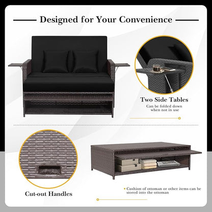 Nightcore Wicker Patio Outdoor Daybed, Outdoor Chaise Lounger w/ 4-Level Adjustable Backrest, Retractable Side Trays, Storage Ottoman, Comfortable & Removable Cushions, Rattan Loveseat (Black)
