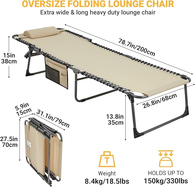 KingCamp Oversized Lounge Chair, Folding Portable Tanning Chairs Comfy Adjustable 5-Position Foldable Chaise Chaser Lounger with Pillow for Outdoor Beach Patio Sun Bathing Pool Backyard, Khaki