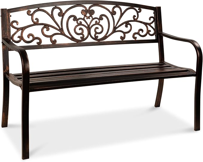 Best Choice Products Outdoor Bench Steel Garden Patio Porch Furniture for Lawn, Park, Deck w/Floral Design Backrest - Photo 1