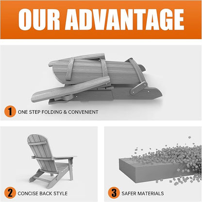 YEFU Adirondack Chair Set of 2, Folding Oversized Plastic Adirondack Chair with Cup Holder, Lawn Chair with Weather Resistant for Outdoor Deck Garden, Weight Capacity Up to 400 Lbs–Grey