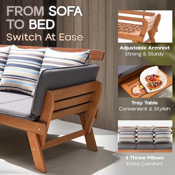 IDZO Amelie Eucalyptus Convertible Outdoor Sofa, 750lbs Capacity Patio Couch with Folding Armrest & Coffee Tray - Photo 3