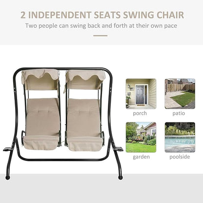 Outsunny Patio Swing Chair with 2 Separate Seats, Outdoor Swing Glider with Removable Canopy and Cup Holders, for Porch, Garden, Poolside, Backyard, Beige