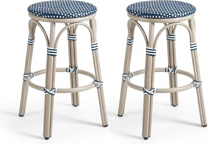 PURPLE LEAF Outdoor French Round 30" Bar Stool Set of 2 Large Handwoven Wicker Backless Barstool White Print Aluminum