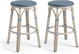 PURPLE LEAF Outdoor French Round 30" Bar Stool Set of 2 Large Handwoven Wicker Backless Barstool White Print Aluminum
