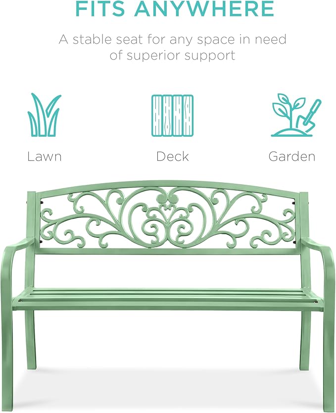 Best Choice Products Outdoor Bench Steel Garden Patio Porch Furniture for Lawn, Park, Deck w/Floral Design Backrest - Photo 3