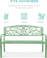 Best Choice Products Outdoor Bench Steel Garden Patio Porch Furniture for Lawn, Park, Deck w/Floral Design Backrest - Photo 3