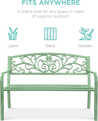 Best Choice Products Outdoor Bench Steel Garden Patio Porch Furniture for Lawn, Park, Deck w/Floral Design Backrest, Slatted Seat - Mint Green