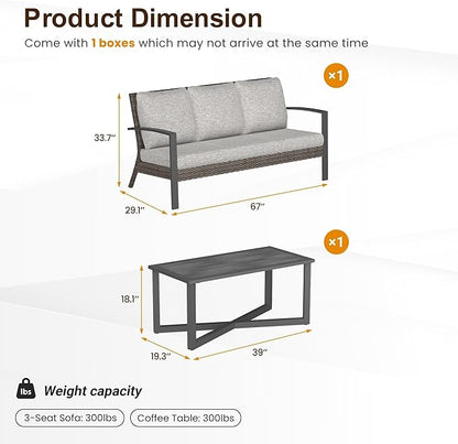Green4ever Outdoor Furniture, 2 Pieces Patio Furniture Set with Coffee Table, Wicker Outdoor Couch with Cushions, Patio Sofa for Porch, Backyard, Pool, Deck, Garden, Gray