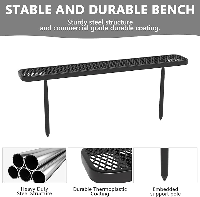 6 Ft Metal Park Benches for Outside, Outdoor Backless Bench with Thermoplastic Coating, Inground Mounted, Commercial Expanded Metal Mesh Bench for Shopping Mall, Store, Park, Patio, Deck, Black