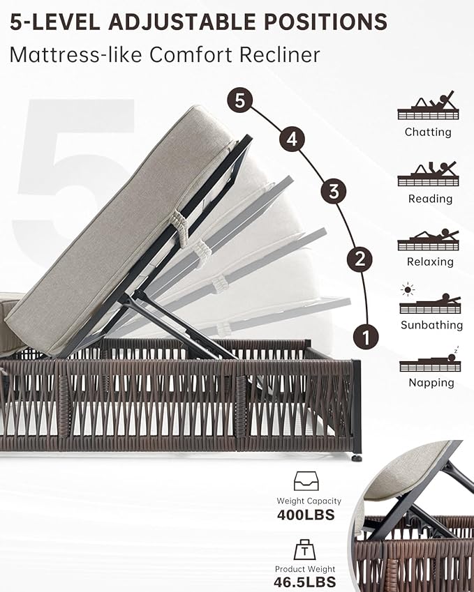 Luxury Outdoor Chaise Lounges with 5 Inch Thickened Cushions - Set of 4 High Back Brown Wicker Patio Recliners Rattan - Photo 4