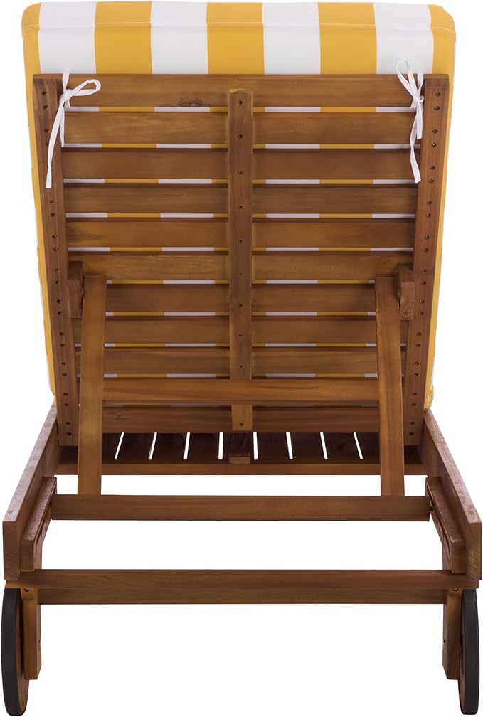 SAFAVIEH Outdoor Patio Furniture Collection - Newport Natural Solid Wood Chaise Lounge Chair with Yellow Stripe Cushion, Adjustable Backrest (PAT7316Y)