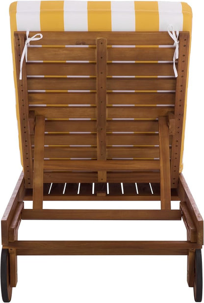 SAFAVIEH Outdoor Patio Furniture Collection - Newport Natural Solid Wood Chaise Lounge Chair with Yellow Stripe Cushion, Adjustable Backrest (PAT7316Y)