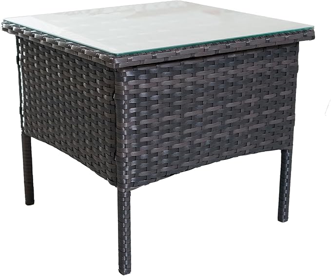 Outdoor Patio Wicker Table, Rattan Side Table, Modern Patio End Side Table with Glass Countertop and Storage Space - Photo 6