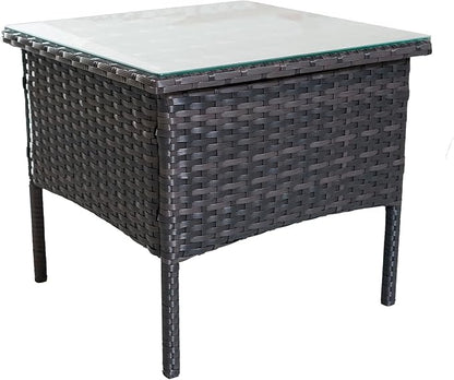 Outdoor Patio Wicker Table,Rattan Side Table,Modern Patio End Side Table with Glass Countertop and Storage Space,for Porch Garden Balcony