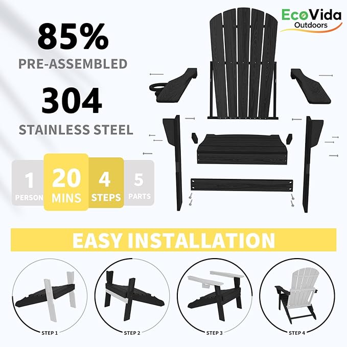 Folding Adirondack Chair 3-Piece Set - 38" Extra Tall Back & Embossed Wood Grain, Oversized HDPE Patio Furniture with Side Table & Cup Holders, 380lb Heavy Duty, Black