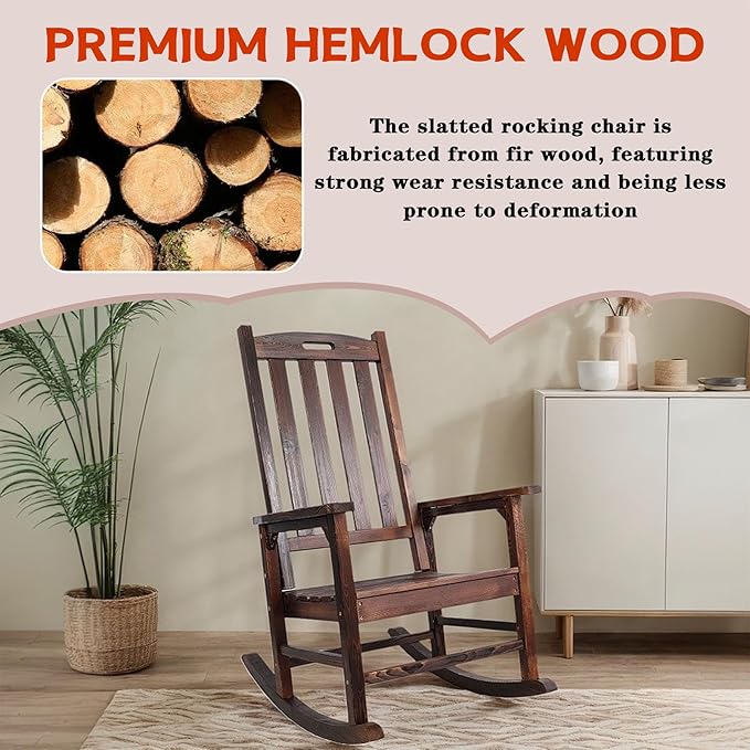 Wooden Rocking Chair Outdoor, Ergonomic High Back Patio Rocking Chairs, Porch Rocker for Backyard/Lawn/Patio/Garden/Balcony/FirePit/Indoor (Brown-1)