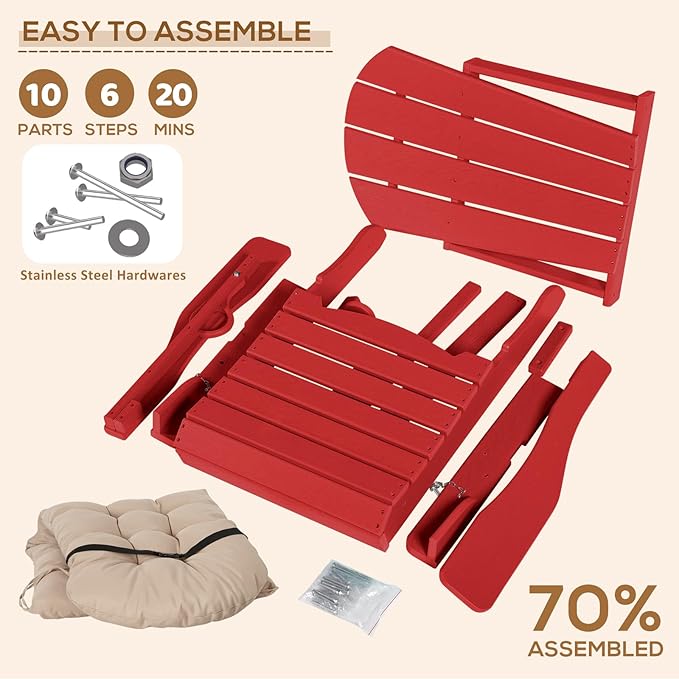 Adirondack Chair with Cushion & Cup Holder, HDPE Folding Adirondack Chair with Wood-Like Grain Outdoor Fire Pit Chairs for Patio/Porch/Swimming Pool/Camping