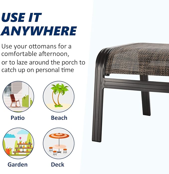 Outdoor Patio Foot Rest Ottoman Seat Textilene Portable Metal Footstool Portable Patio Chairs 2 Set Brown - Photo 5