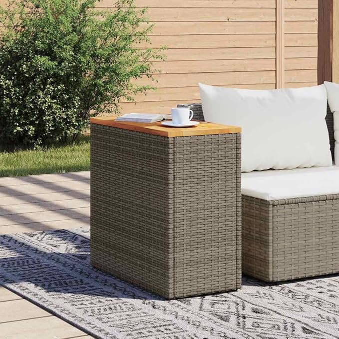 Grey Poly Rattan Garden Side Table with Acacia Wood Top and Powder-Coated Steel Frame, 22.8 in Long and 10.8 in Wide - Photo 3