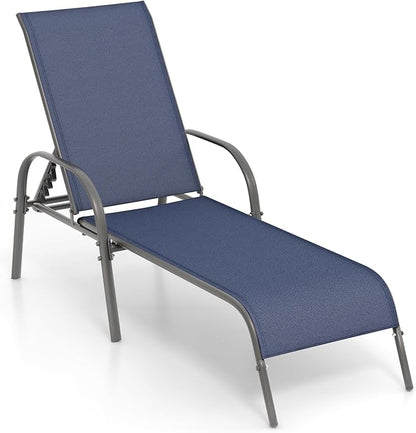 Tangkula Outdoor Lounge Chair, Patio Chaise Lounge with Adjustable Backrest, Reclining Pool Lounge Chair for Outside with Heavy Duty Steel Frame for Beach, Yard, Balcony, Poolside (Navy)