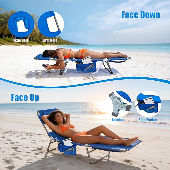 SUNNYFEEL Beach Lounge Chair, Backpack Reclining Beach Chairs Lay Flat, Sun Face Down Tanning Chair, Folding Camping Chairs Portable Camp Cot with Backpack Straps for Outdoor/Picnic/Lawn