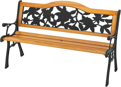 Giantex Outdoor Bench with Slatted Seat, Curved Armrests, Flower Pattern Backrest, 470 Lbs Capacity, Cast Iron Metal Patio Bench for Garden, Outside, Lawn, Porch, Yard, Park Bench