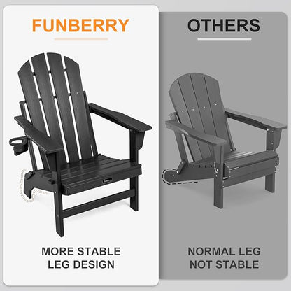 FUNBERRY Folding Adirondack Chair, HDPE Stable Gun-Leg Design Fire Pit Chairs with Cupholder All Weather for Outside