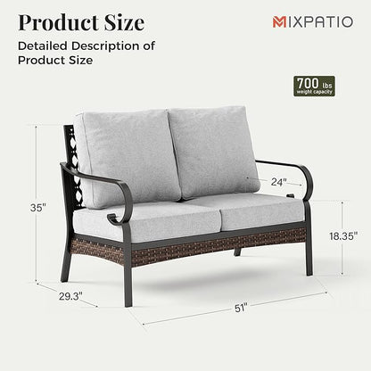 Patio Furniture Sofa, Love-Seat Patio Sofa Steel Frame Outdoor Sectional Couch with Deep Seating and 5.75” Cushions for Lawn Backyard Porch Deck, Light Grey