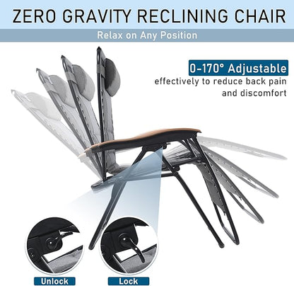 PHI VILLA XXL Oversized Padded Zero Gravity Chair Set of 2, Foldable Patio Recliner, 30" Wide Seat Anti Gravity Lounger with Armrest and Cup Holder, Support 400 LBS (Light Gray)