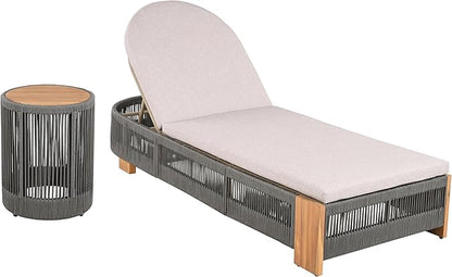 Outdoor Chaise Lounge Set, Patio Chaise Lounge Chairs with Side Table, Teak Chaise Lounge Outdoor with Adjustable Backrest, Teak Faux Wood Side Table and Beige Cushions for Outdoor Use (Grey-3pcs)